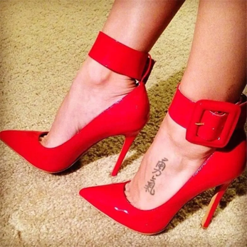 

Sexy Ladies Red Patent Leather Women Pumps Pointed Toe High Heels Stiletto Pumps Square Buckle Ankle Strap Dress Shoes Woman
