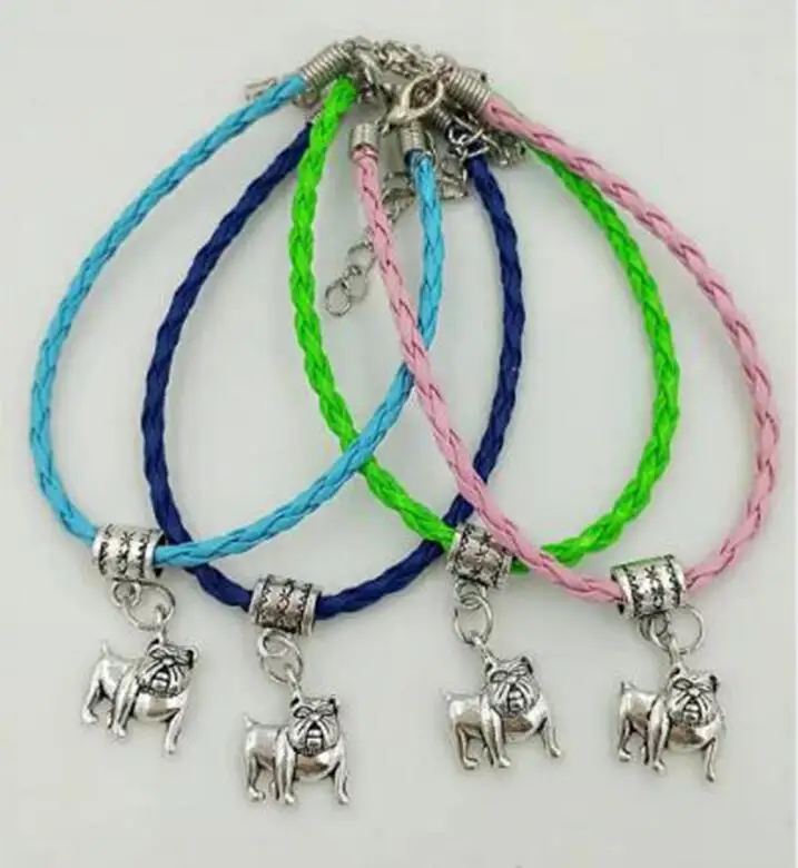 

New Fashion Ancient Silver Bulldog Dog Charm Bracelets & Bangle Multicolor Leather Braided Rope Bracelet Women Jewelry 10pcs