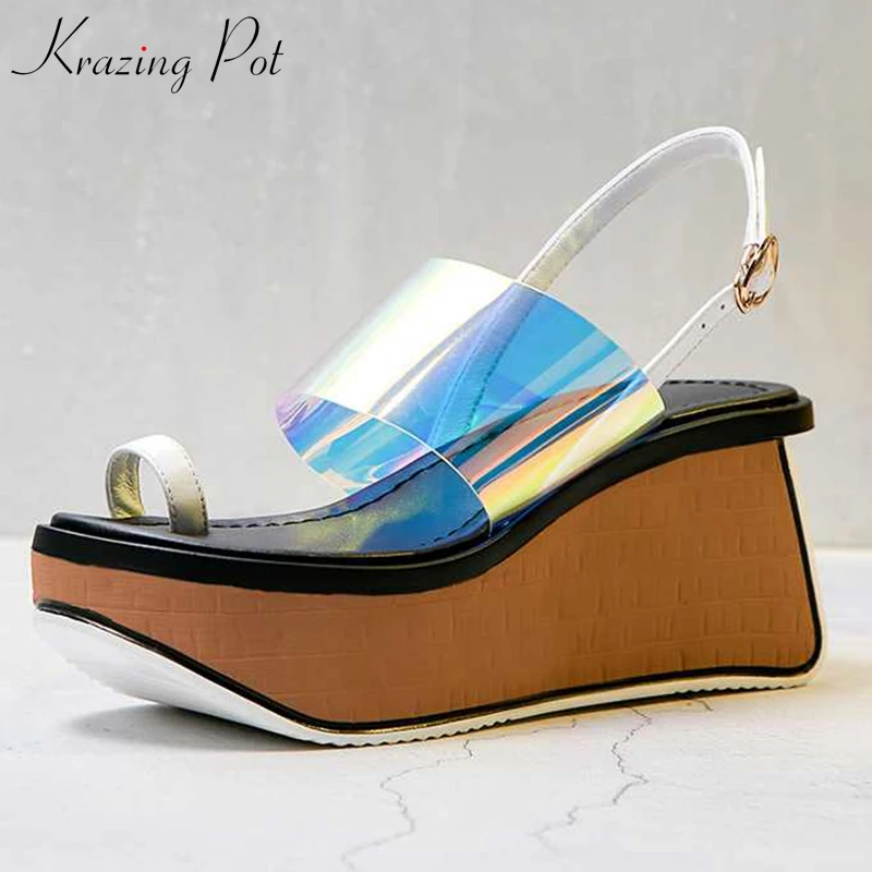 

Krazing pot plastic platform wooden bottom peep toe women sandals brand mixed color high heel concise colorful jelly shoes L03
