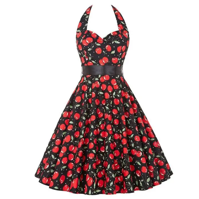 

2017 Summer Womens Skater Dresses Casual Polka Cherry Retro Vintage 50s Robe Rockabilly Swing Pinup Party Dress XXL