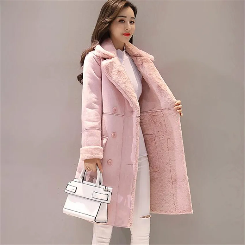 Acheter Nouveau femmes Long manteau automne hiver chaud velours épaissir Faux daim manteaux Parka femme solide Double boutonnage veste Outwear AB691