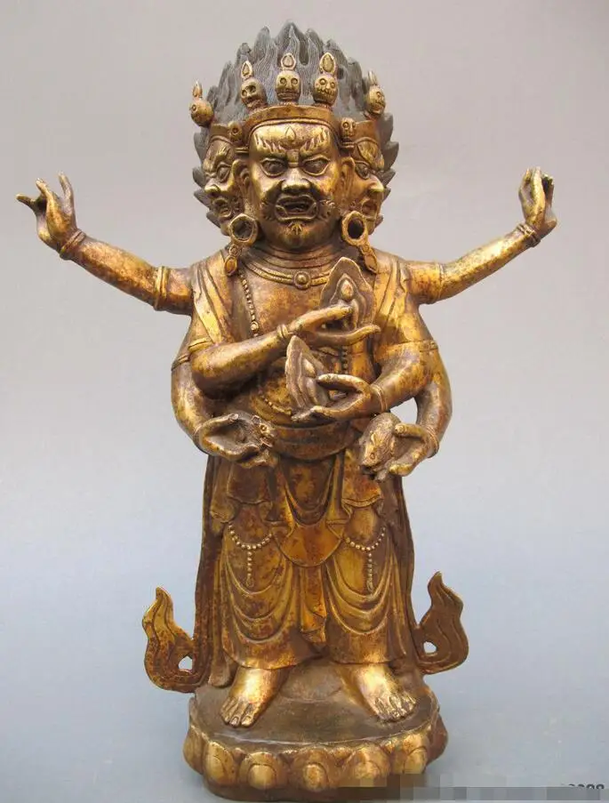

16"Tibet Buddhist Fane 3 head 6 Arm Mahakala Buddha Old Bronze Mahakala Statue
