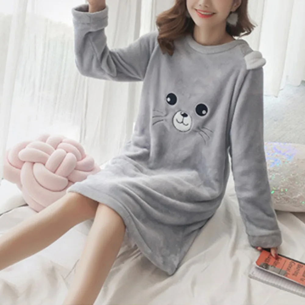 Женская зимняя плотная фланелевая ночная рубашка с длинным рукавом, милая Пижама с рисунком медведя из мультфильма, милая Студенческая свободная одежда до колен