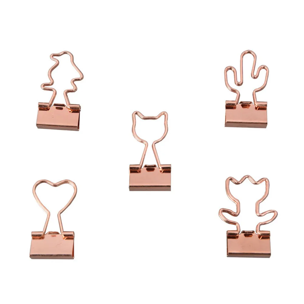 10pcs Cat Rose Gold Color Binder Clips Hollow Out Cactus Penguin Shape Metal Binder Clamps Photo Tickets Note Letter Paper Clips