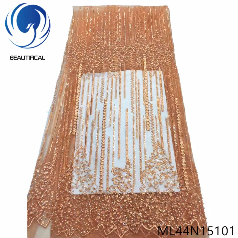 

Beautifical nigerian lace fabrics Fashion design sequins and beads tulle lace fabric for dress 5yards french lace ML44N151