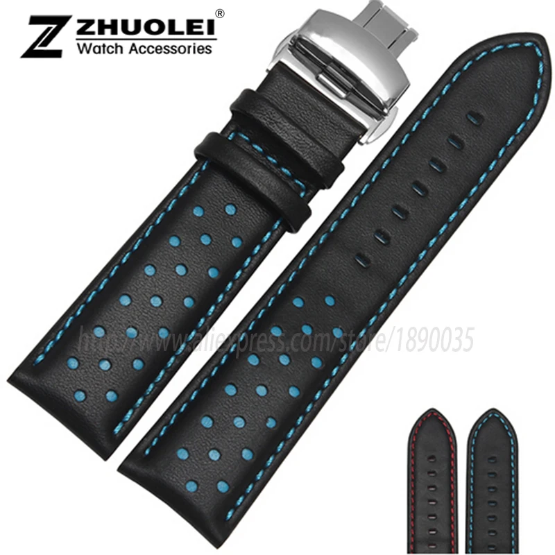 

New hight quality Luxury Italy Genuine Leather Watch Strap 20mm 22mm Black with red|blue stitches Watchband