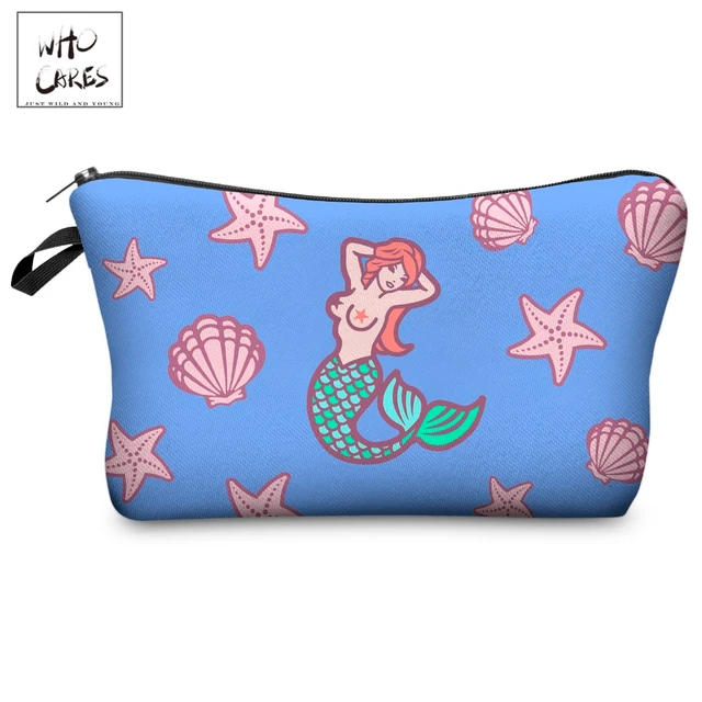 Cheap Who Cares Funny Mermaid Printing With Multicolor Pattern Makeup Bags Travel Ladies Pouch Women Cosmetic Bag