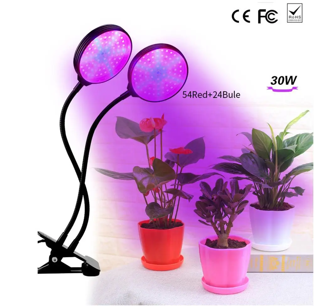 

LED Flexible Clip Plant Growth Lamp Dual Head Full Spectrum Plant Growth Lamp Fill Light 54 Red+24 Blue Bulbs Plant Waterproof