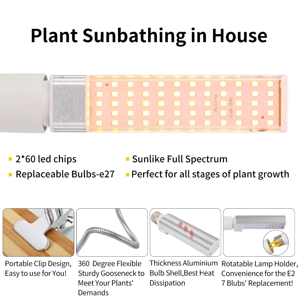 Лампа для выращивания растений в помещении, светодиодный солнечный свет, полный спектр, лампа для выращивания двуголовых растений, Сменные