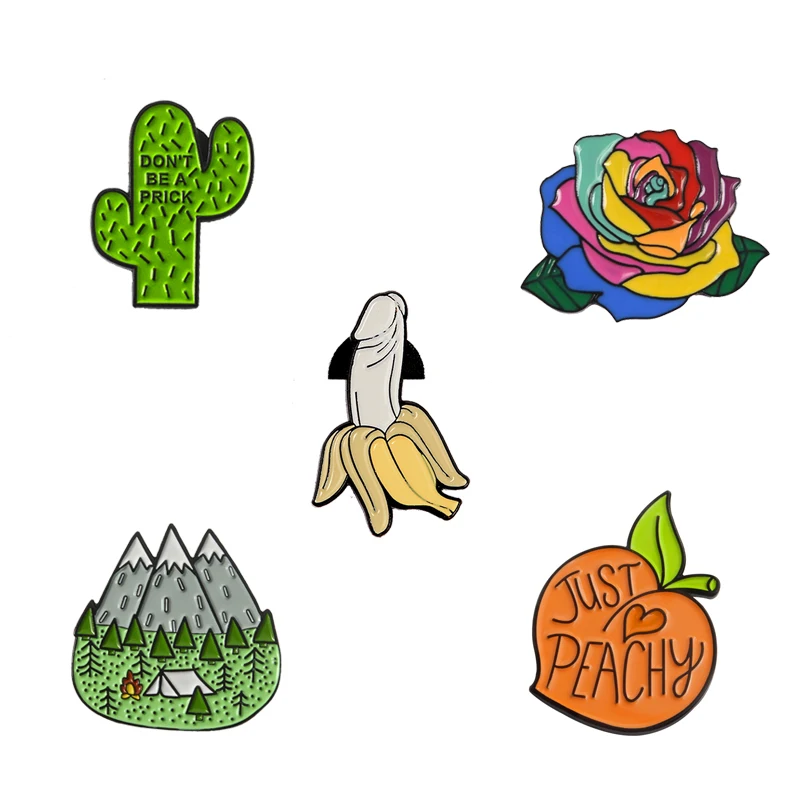 

Fresh Peach Banana Lemon Cactus Forest Mountain Enamel Pin Fruit Plants Travel Adventure Brooches for Women Men Badge Collection