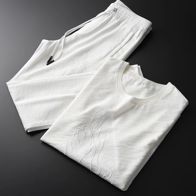 

Minglu Summer Thin Mens Sets (t-shirt+pants) Luxury Embroidery Short Sleeve Men Sets Plus Size 4xl White Man Sets With Pants