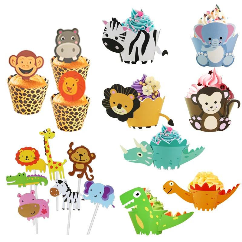 

MEIDDING Jungle Party Cupcake Wrappers Decoration Happy Kids Birthday Cake Topper Decor Topper Cartoon Animal Cake Decor Supply