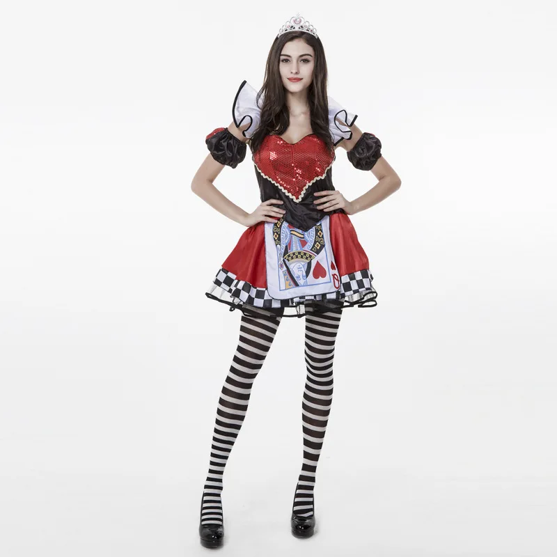 Алиса в стране чудес косплей костюм Женщины Сексуальная Красная Королева Хэллоуин маскарадный костюм покер Красная Королева сердца костюмы