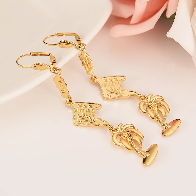 gold color Trinidad and Tobago Map Flag long dangle drop cocoearrings