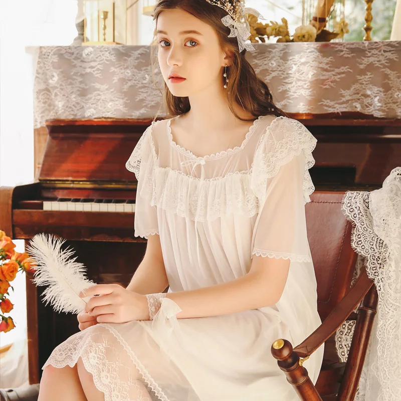 

2019 new short-sleeved nightdress women white vintage court princess lace wide-brimmed lotus skirt pink yukata female Nightgowns