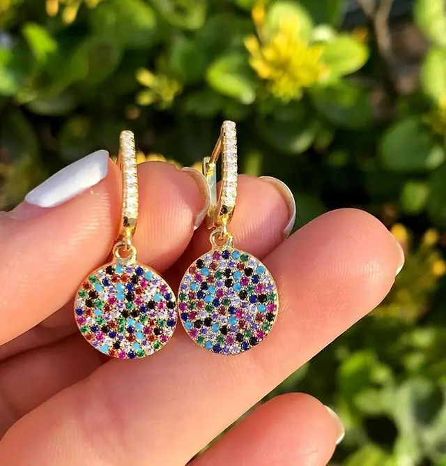 

2019 TOP selling mix color disco round charm dangle earring for woman girl charm Christmas gifts rainbow circle CZ stone jewelry