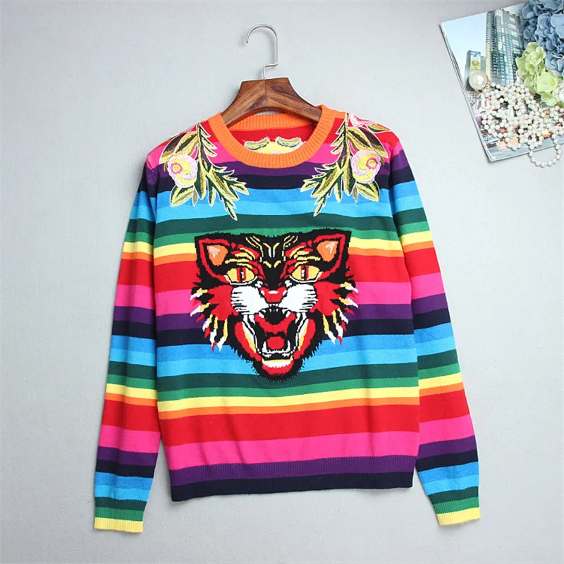 

Runway design Sweet flower embroidery sweater women pullovers autumn winter tops knitted jumper animal jacquard rainbow sweater
