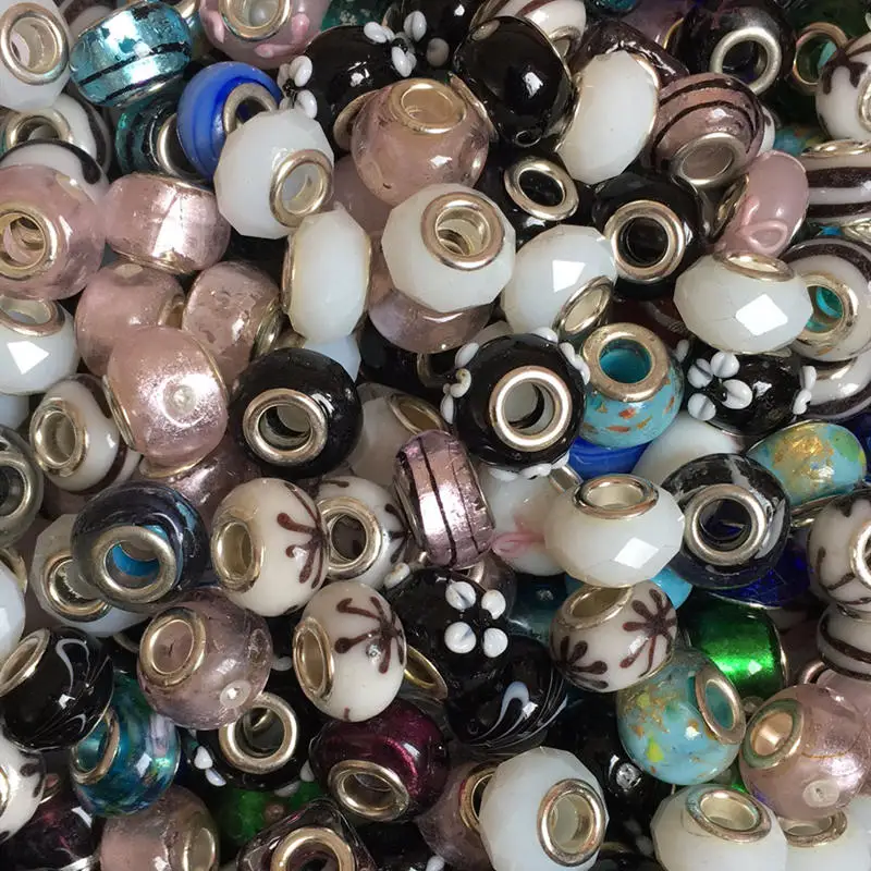 100Pcs Spacer Charm European Beads Glass Big Hole Mixed Random Patterns Fit DIY Bracelet Jewelry Finding