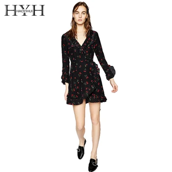 

HYH HAOYIHUI Playful Mini Dress V-neck Petal Sleeves Cherry Print 2018 Summer New Girl Sweet Comfortable A-line Dress