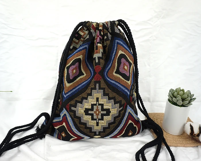 2022 Women Fabric Backpack Female Gypsy Bohemian Boho Chic Aztec Ibiza Tribal Ethnic Cottage Soft Brown Drawstring Rucksack Bags