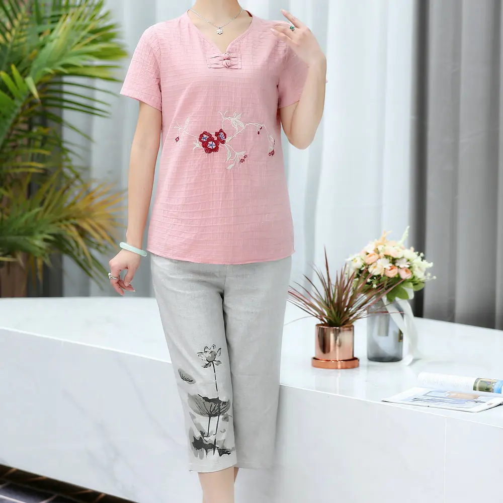 Oriental Women Summer Twinset Cotton Linen Blouse And Cropped Trouser Suits Two Piece Pants Sets Outfits Clothes Pink Blue 2019 Oriental Women Summer Twinset Cotton Linen Blouse And Cropped Trouser Suits Two Piece Pants Sets Outfits Clothes Pink Blue 2019