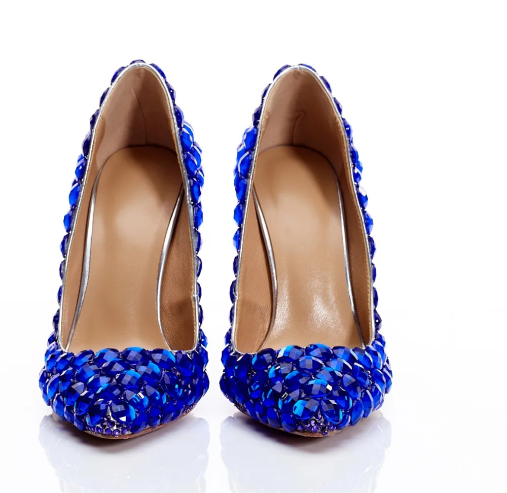 Women shoes 2019 high heels Wedding Female pumps Genuine leather Blue rhinestone dress shoe strange heels zapatillas mujer shoe