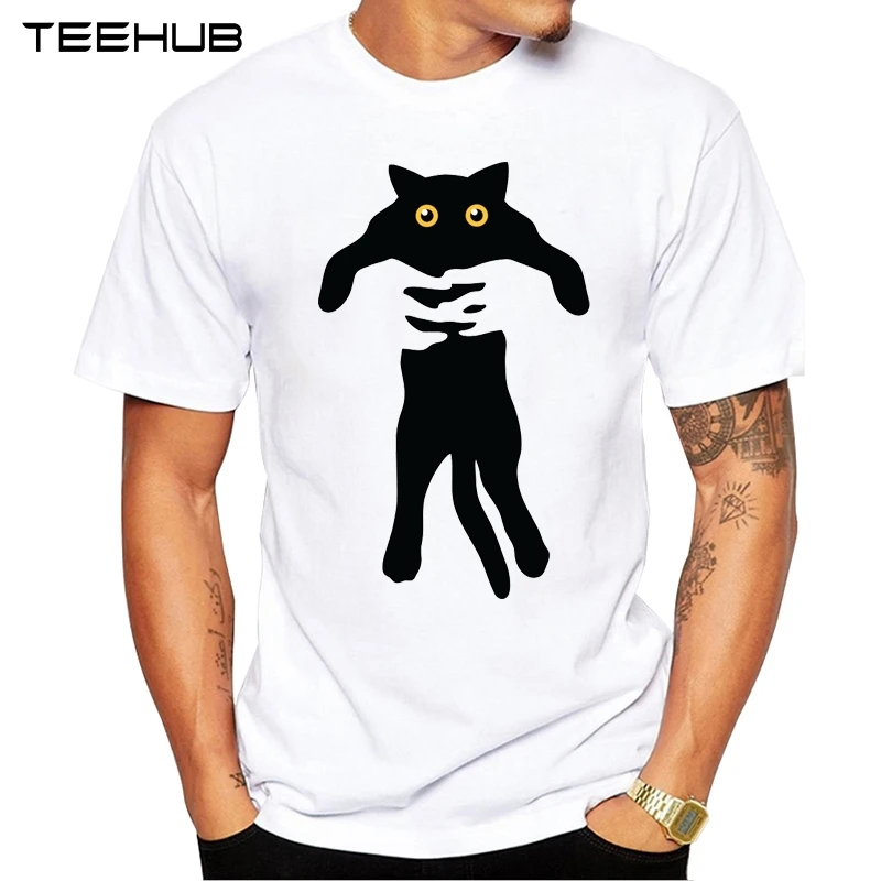 TEEHUB Fashion Cat in hands Men T Shirt Hipster Black Cat Printed Tops