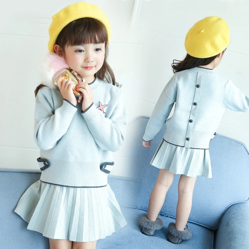 

2017 autumn winter girls clothing set knit top+skirt fashion 10 12 years old