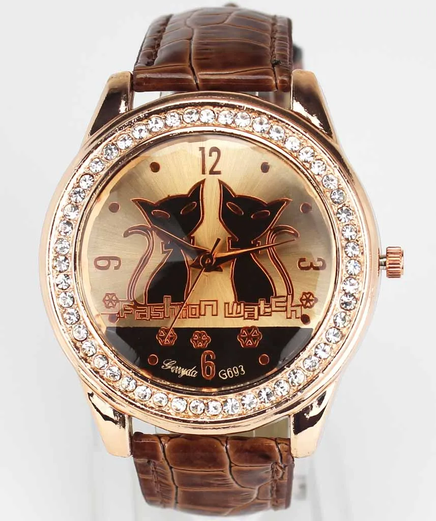 Женские Модные трендовые Кварцевые аналоговые наручные часы с циферблатом с двумя кошачьими мордочками, золотой чехол с кристаллами и кожаным ремешком - Цвет: Коричневый