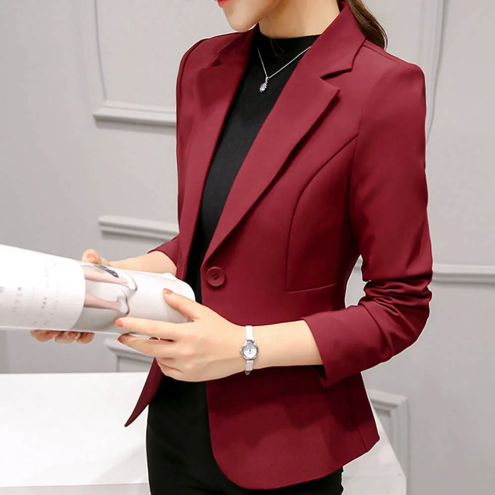 

Women's Blazer Pink Long Sleeve Blazers Solid One Button Coat Slim Office Lady Jacket Female Suit Blazer Femme Jackets z0528