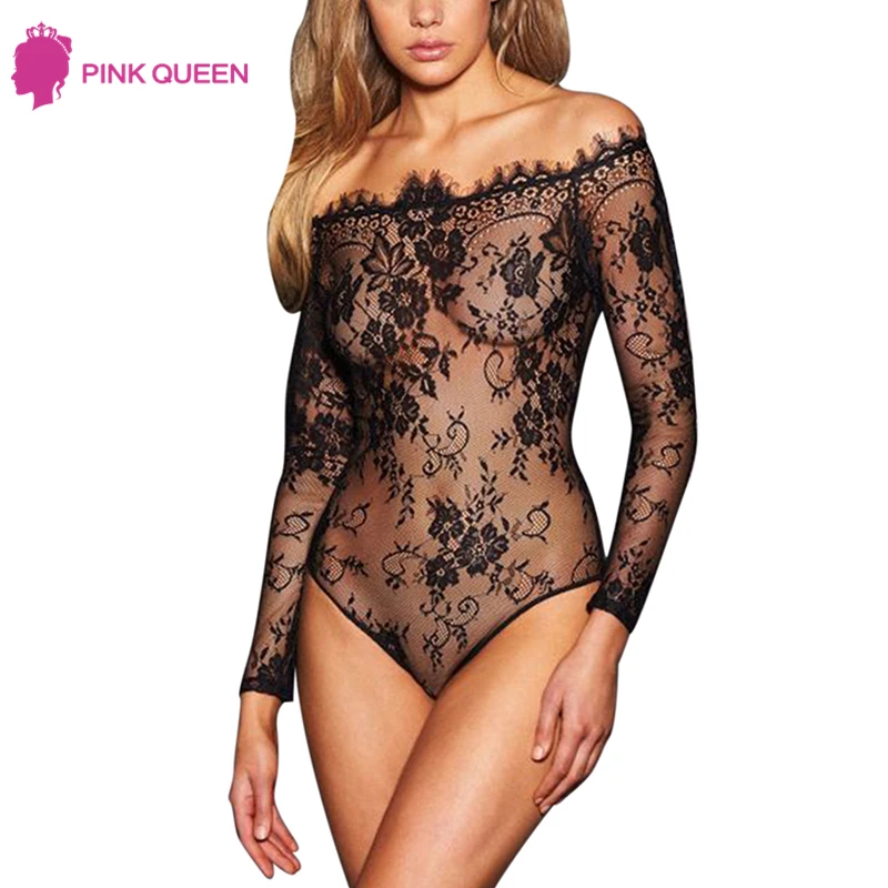 

Pink Queen Shorts Feminino Back Zipper Bodysuit Long Sleeve Off The Shoulder Sexy Body Dentelle Lace Mesh Women Overalls Elegant