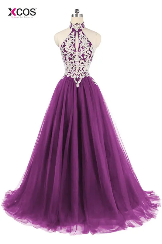 XCOS, на заказ, королевское Голубое Кружевное платье на бретелях для выпускного вечера, элегантное ТРАПЕЦИЕВИДНОЕ Дешевое длинное платье для вечеринки, платья vestido de gala - Цвет: Фиолетовый