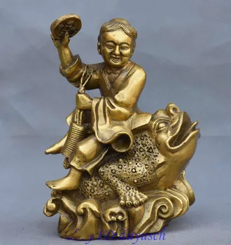 

7" Chinese Brass Folk Myth Liu Hai Play Wealth Coin Golden Toad Spittor Statue