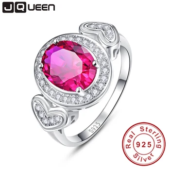 

JQUEEN Love Heart Decoration 3ct Created Red Ruby Anniversary Promise 925 Sterling Silver Ring With Jewelry Box