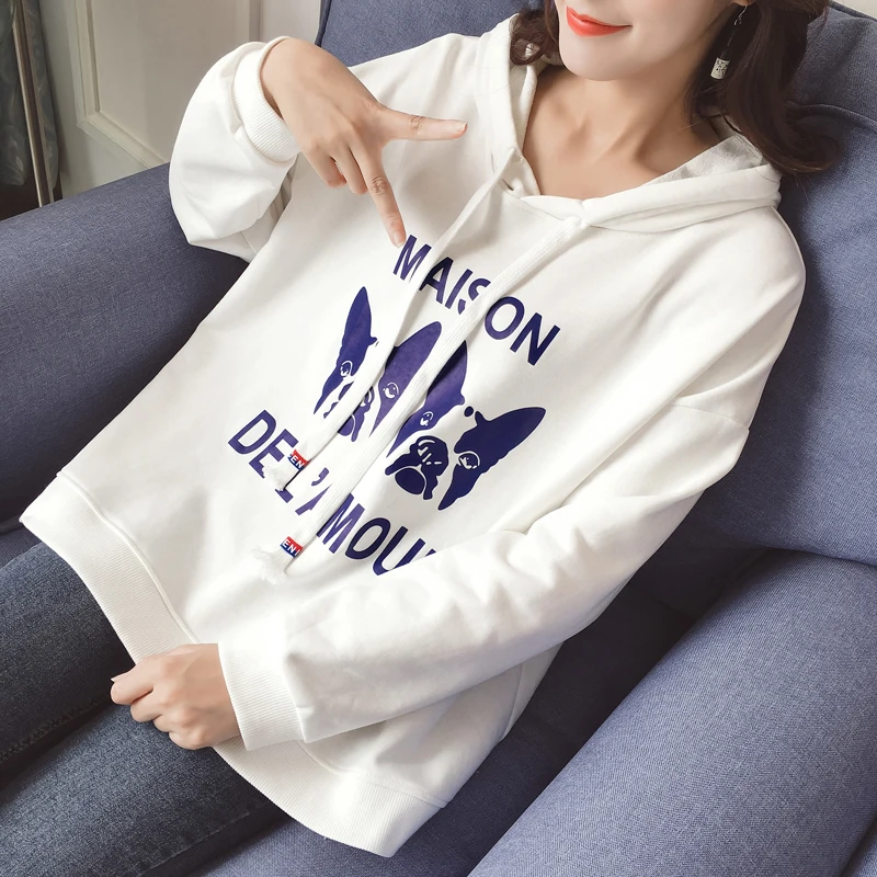 2 cute dogs Printed Fashion autumn winter white Hoodies Harajuku Womens loose Characteristic Hem Design Long Sleeve Sweatshirt Hoodies