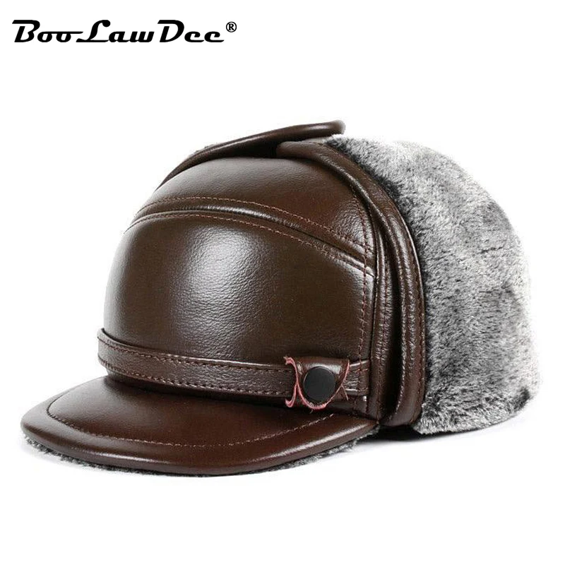 

BooLawDee men cowskin bomber dad cap winter warming male earflag father hat black brown size 55-60cm solid color M261