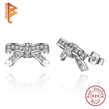 Аутентичные стерлингового серебра 925 сверкающие прозрачные CZ лук серьги-гвоздики с узлами для женщин детские свадебные серьги серебряные украшения