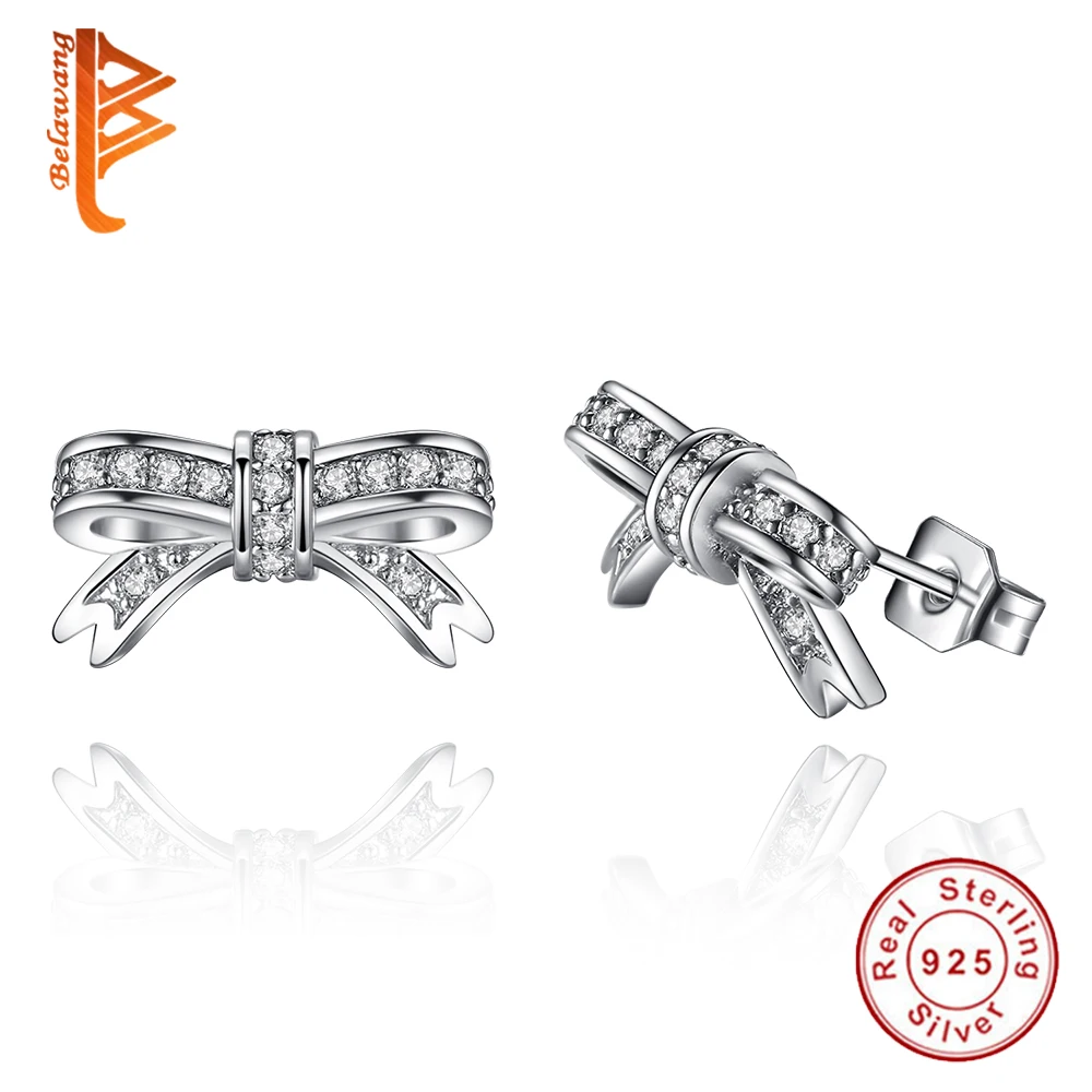 

Authentic 100% 925 Sterling Silver Sparkling Clear CZ Bow Knot Stud Earrings for Women Children Wedding Earrings Silver Jewelry