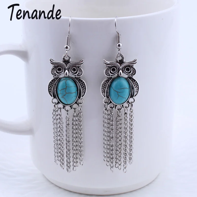 

Tenande Maxi Tibet Silver Color Long Statement Natural Stone Beads Bohemian Owl Chain Tassel Dangle Earrings for Women Vintage