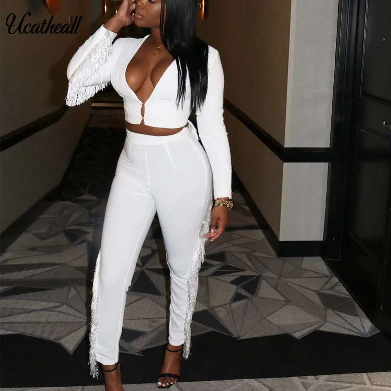 

Zipper Sexy 2 Piece Set Women Solid Two Piece Set Tassel Womens Deep V Coat+pants Long Sleeve Bodycon Set
