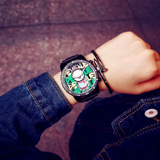 

Fashion Graffiti Stylish Big Dial Rubber Strap Japan Core Quartz Analog Wrist Watch Hours Gift for Men Male Boy OP001
