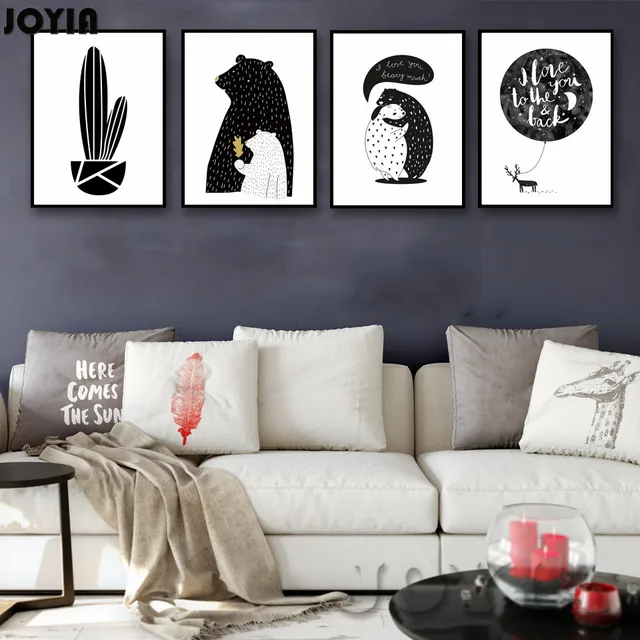 Nordic Baby Bear Cactus Wall Art Canvas Poster Print Minimalist Nordic Baby Bear Cactus Wall Art Canvas Poster Print Minimalist Black White Paintings For Living Room