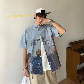 

2019 Summer Men's New Pattern Personality Printing Shirts Cotton Clothes Short Sleeve High-quality White/blue Color Shirt M-XL