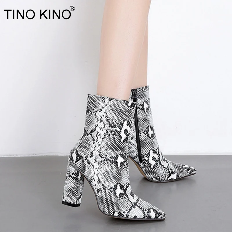 Tino Kino 2018 New Women's Ankle Boots Female Snake Pattern Pointed Toe Zip Thick High Heels Fashion Ladies Party Shoes