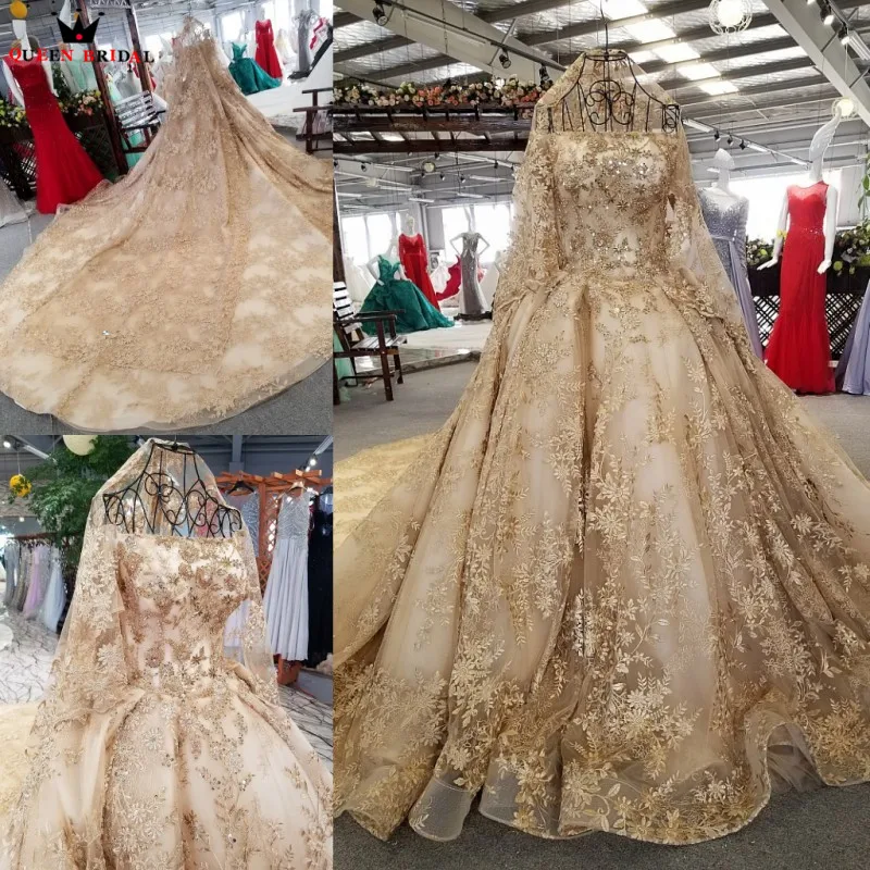 Vestido De Novia Esponjoso Oro Encaje De Cuentas De Cristal Vestidos De Boda De Lujo Vestido De Novia 2020 Nuevo 100 Fotos Reales Wd01 Aliexpress
