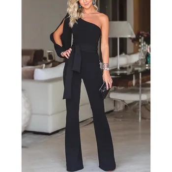 

Summer New Women One Shoulder Irregular Jumpsuit Sashes Lace Up Empire Sexy Jumpsuits Solid Female Straight Long Rompers