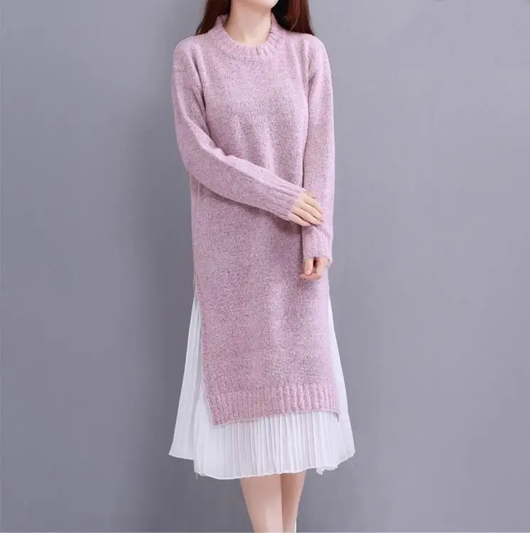 

2017 Women Midi Dress Round Neck Knitted Chiffon Winter Dress Patchwork Sweater Dress Elegant Long Sleeve Split Dresses