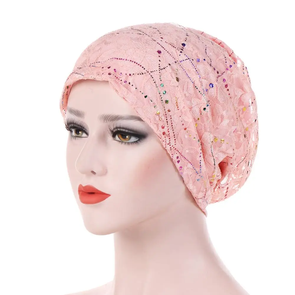 

Shiny Women Lace Breathable Beanie Cap Spring Autumn Hijab Hat Head Accessory