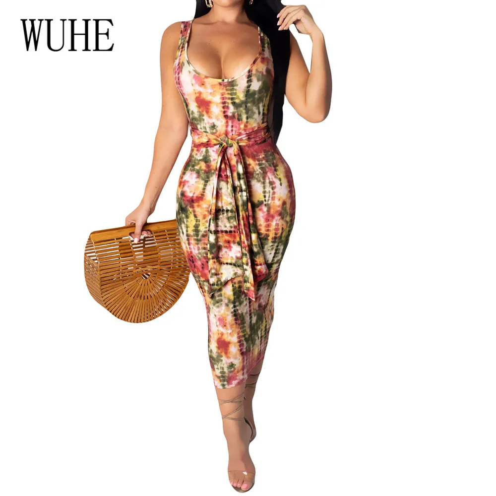 

WUHE Summer Women Bohemian Beach Vintage Dress Femme Sexy Deep V Neck Sleeveless Bodycon Bandange Slim Pencil Dress Jurken Zomer