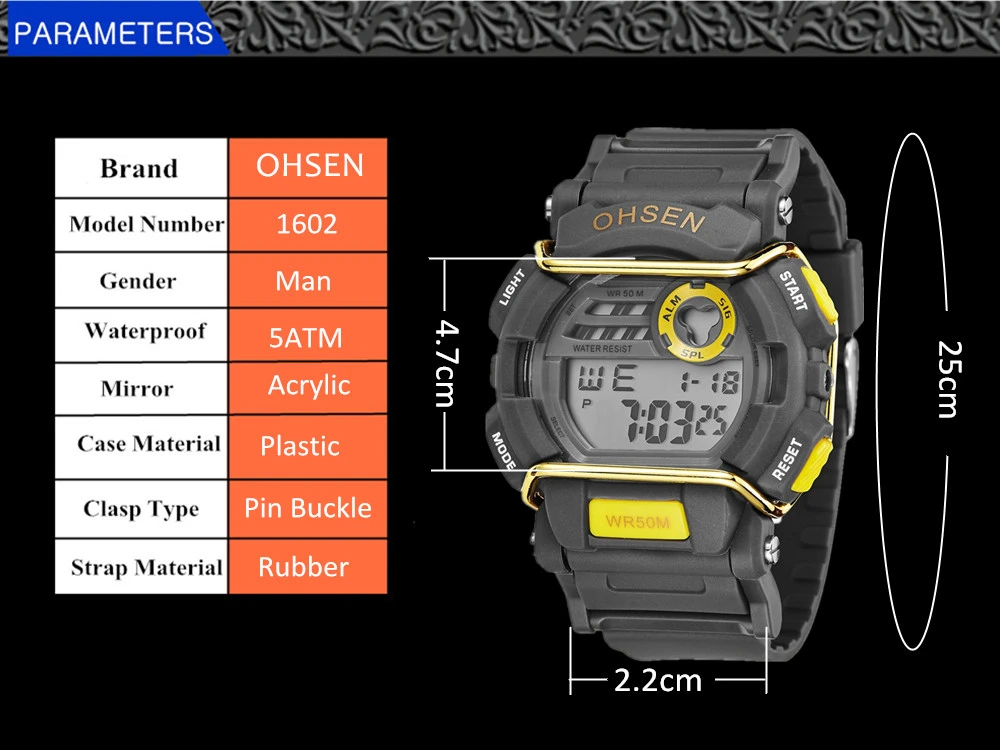 Бренд OHSEN желтый Цифровой Модные мужские Наручные часы резинкой 50 м Водонепроницаемый электронный ЖК-дисплей спортивные часы Reloj hombre